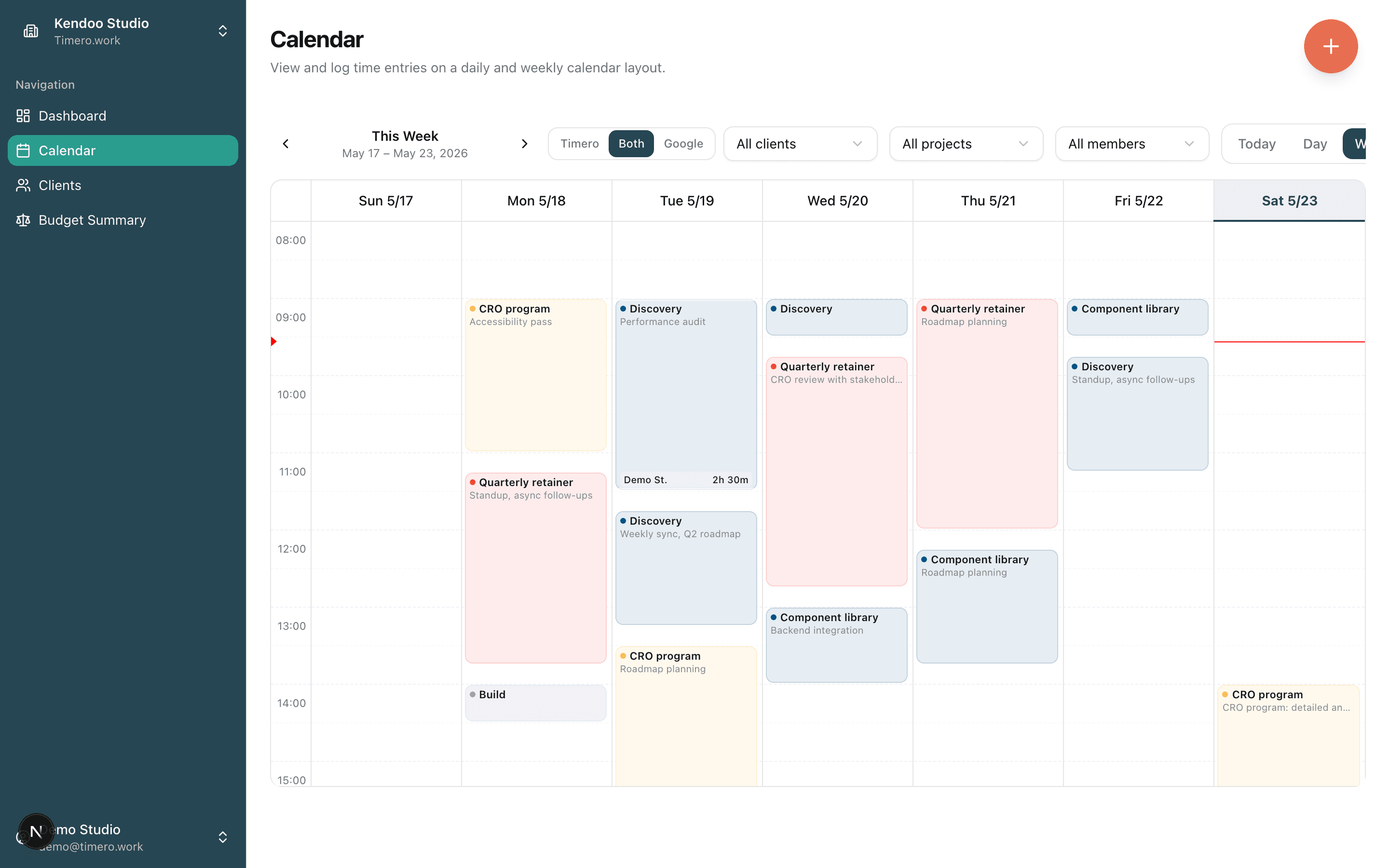 Timero calendar week view with logged entries